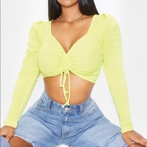Prettylittlething Lime ruched long sleeve crop top